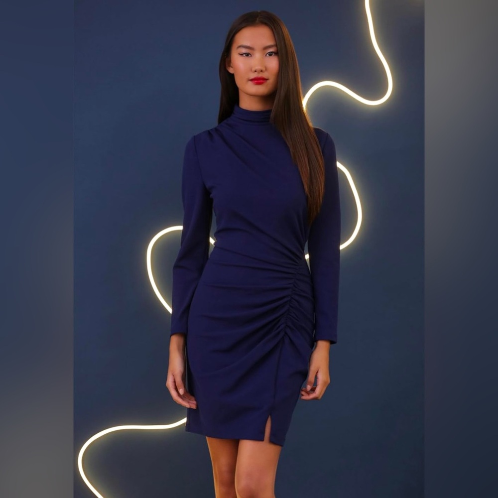 Donna Morgan Women's Long Sleeve Mock Neck Gathered Mini Dress5 - Picture 6 of 7